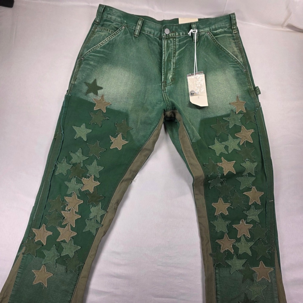 NWT MNML B451 Olive Star Flare Patchwork Denim Jeans Size 34